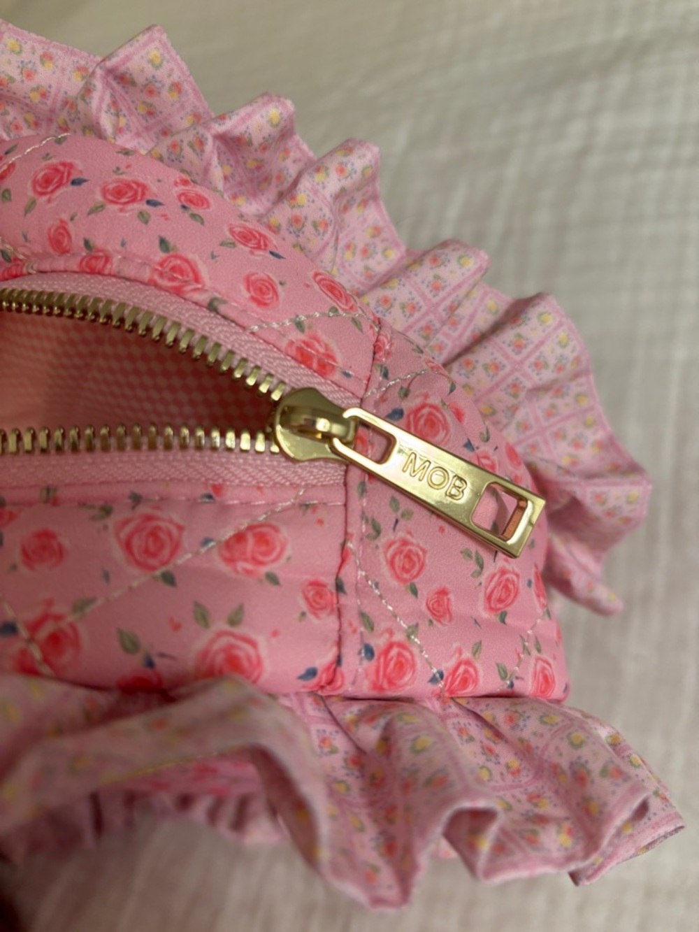 Strawberry Milk Mob Makeup Pouch Bag Pink Quilted Ruffled Pouch - Picture 3 of 6